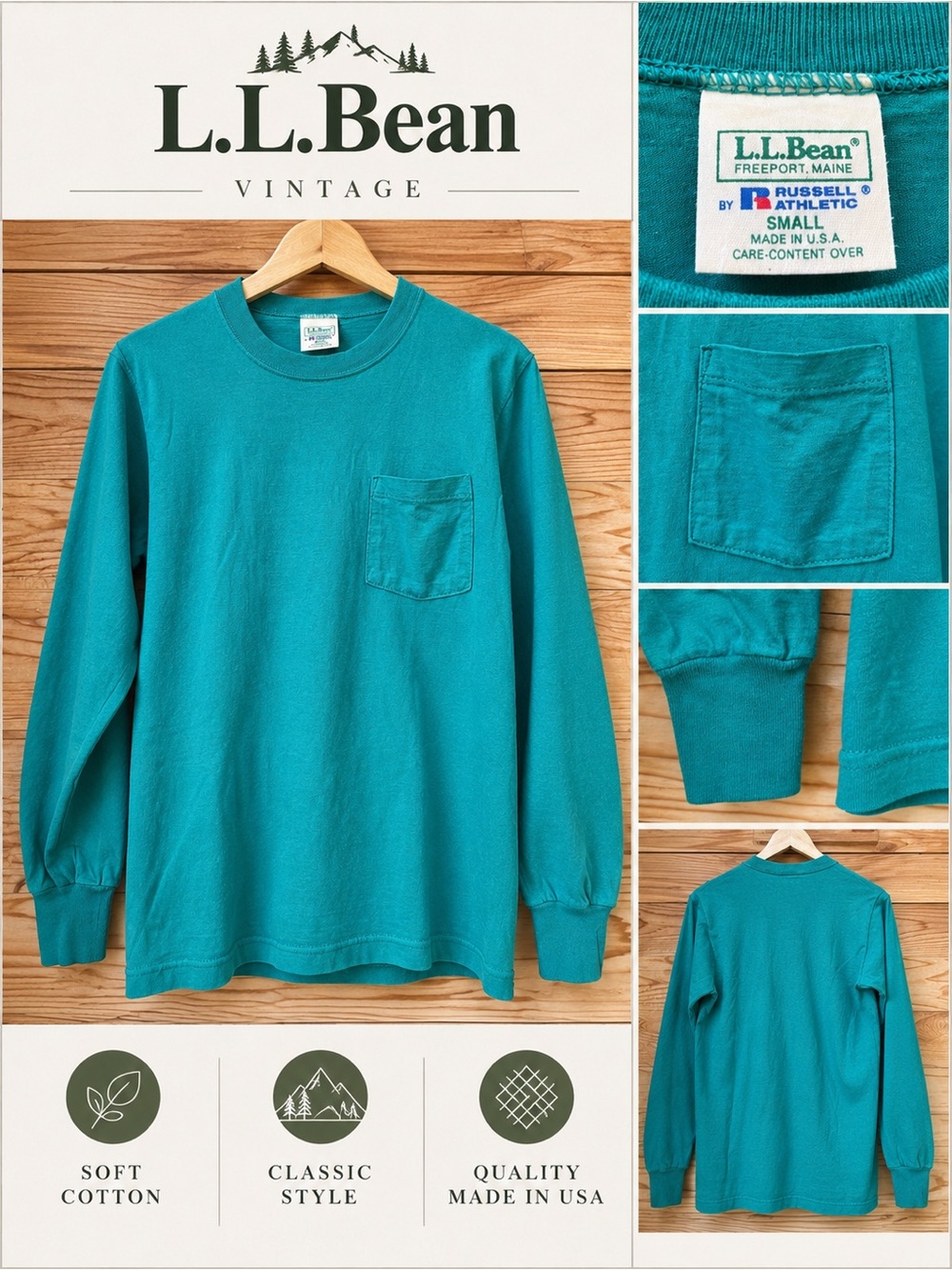 Vintage L.L.Bean Russell Athletic pocket Tee in a vibrant teal/turquoise green.